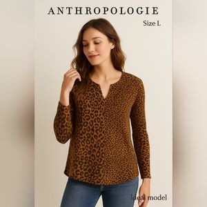 Anthropologie Women's Leopard Print Blouse Long Sleeve Cotton Rayon Size L